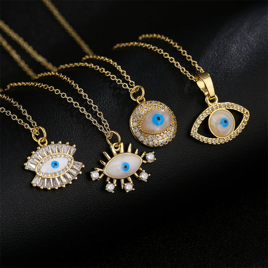 Collar Pendiente de Ojo Geométrico Minimalista para Mujer con Base de Cobre y Chapado en Oro de 18K, Acabado Esmaltado e Incrustación de Circonitas