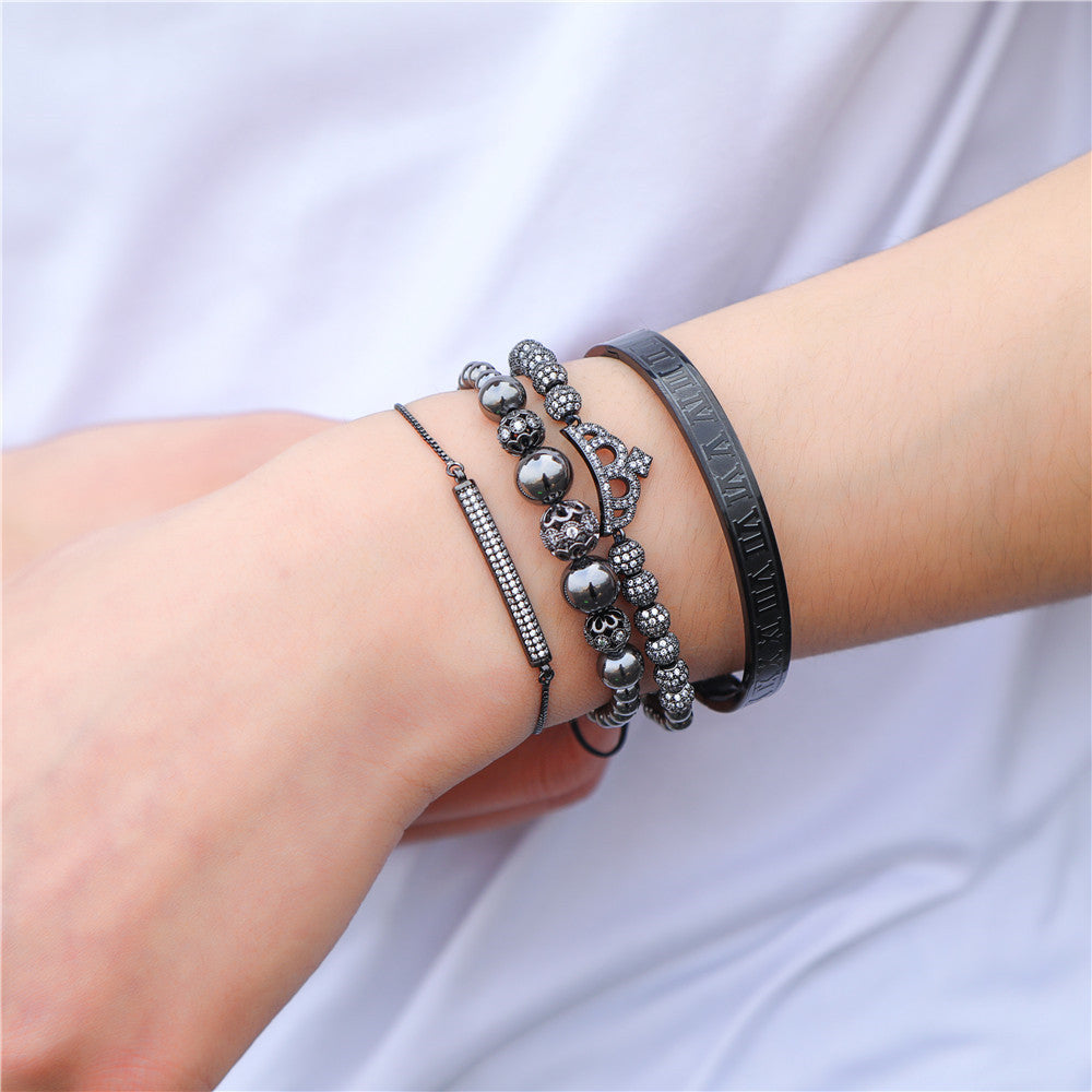Personalized Double Leopard Head Black Agate Micro-set Cubic Zirconia Brass Stainless Steel Bracelet Set