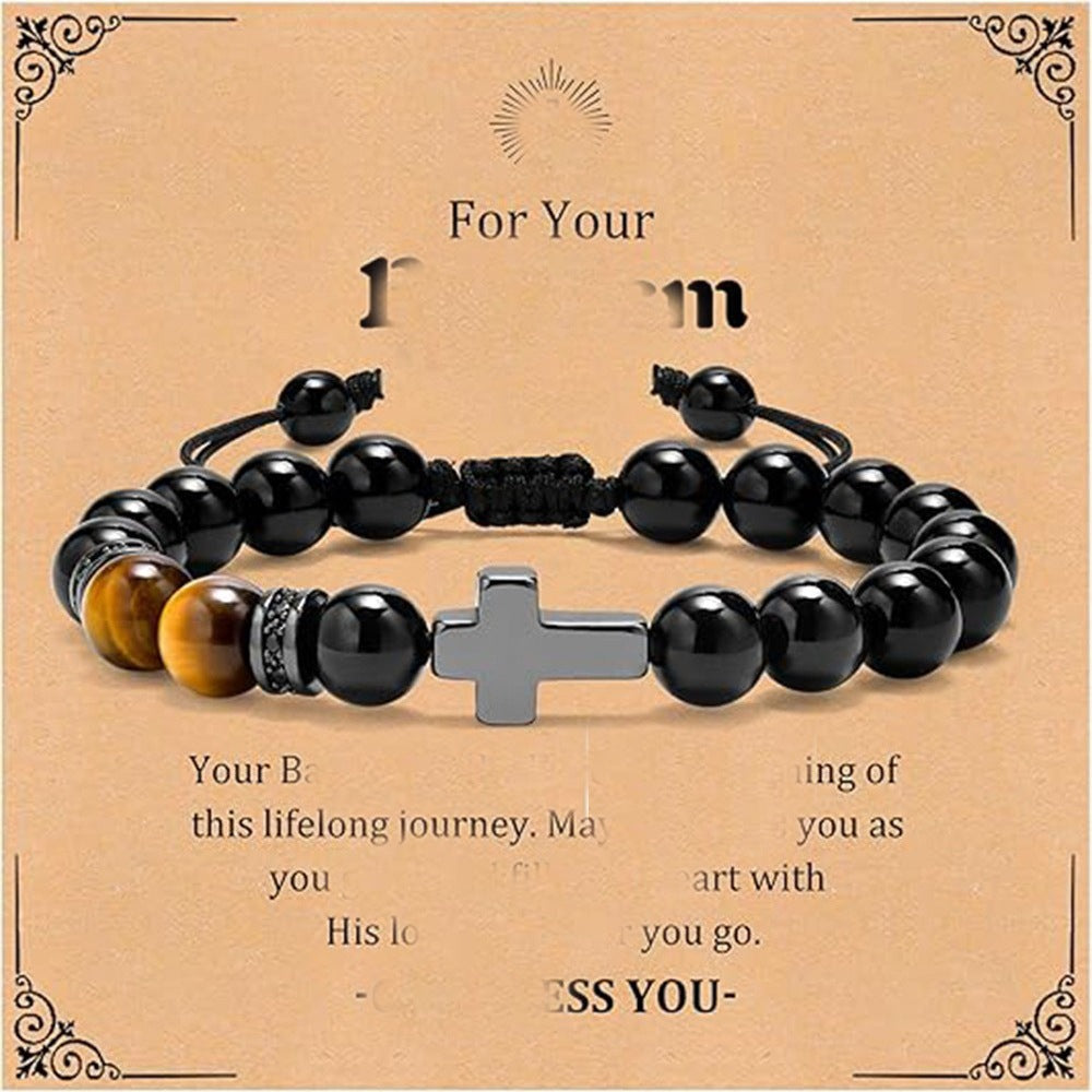 Luxury Matte Tiger's Eye Cross Pendant Beaded Bracelet Unisex Geometric Round Charm