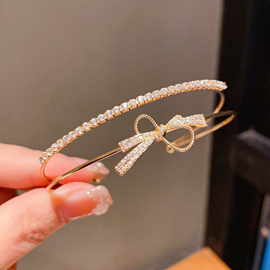 Minimalist Sweet Cubic Zirconia Inlaid Brass Bow Cuff Bracelet for Women