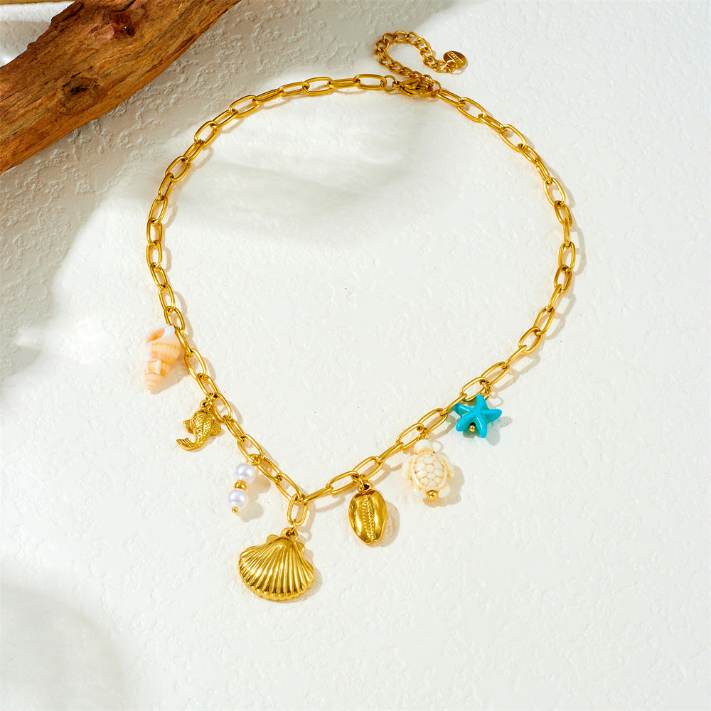 Fashion Gold Plated Stainless Steel Animal Shell Seahorse Turtle Starfish Pendant Curb Chain Necklace for Women