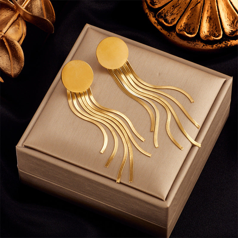 Minimalist Titanium Steel Geometric Pendant Earrings with Tassel and Circular Accents