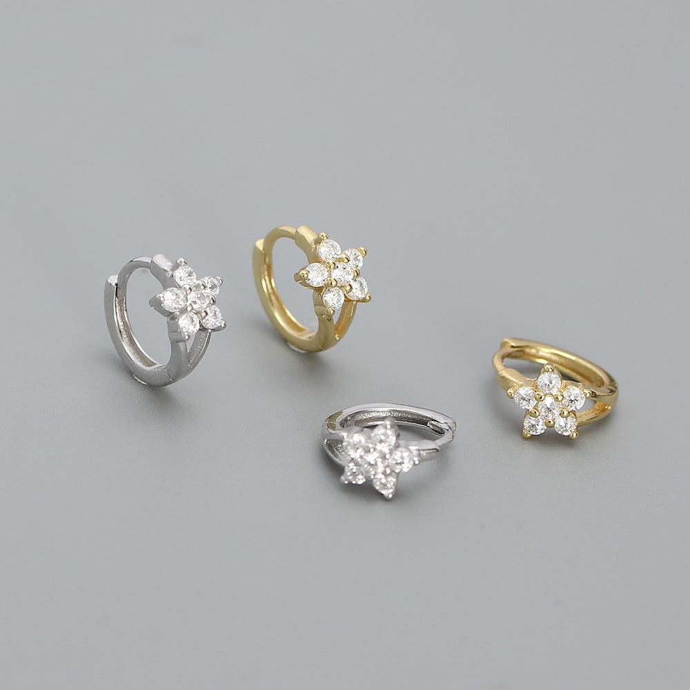 Orecchini a cerchio da donna in argento sterling S925 a forma di fiorellino con intarsio di strass