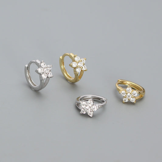 Orecchini a cerchio da donna in argento sterling S925 a forma di fiorellino con intarsio di strass