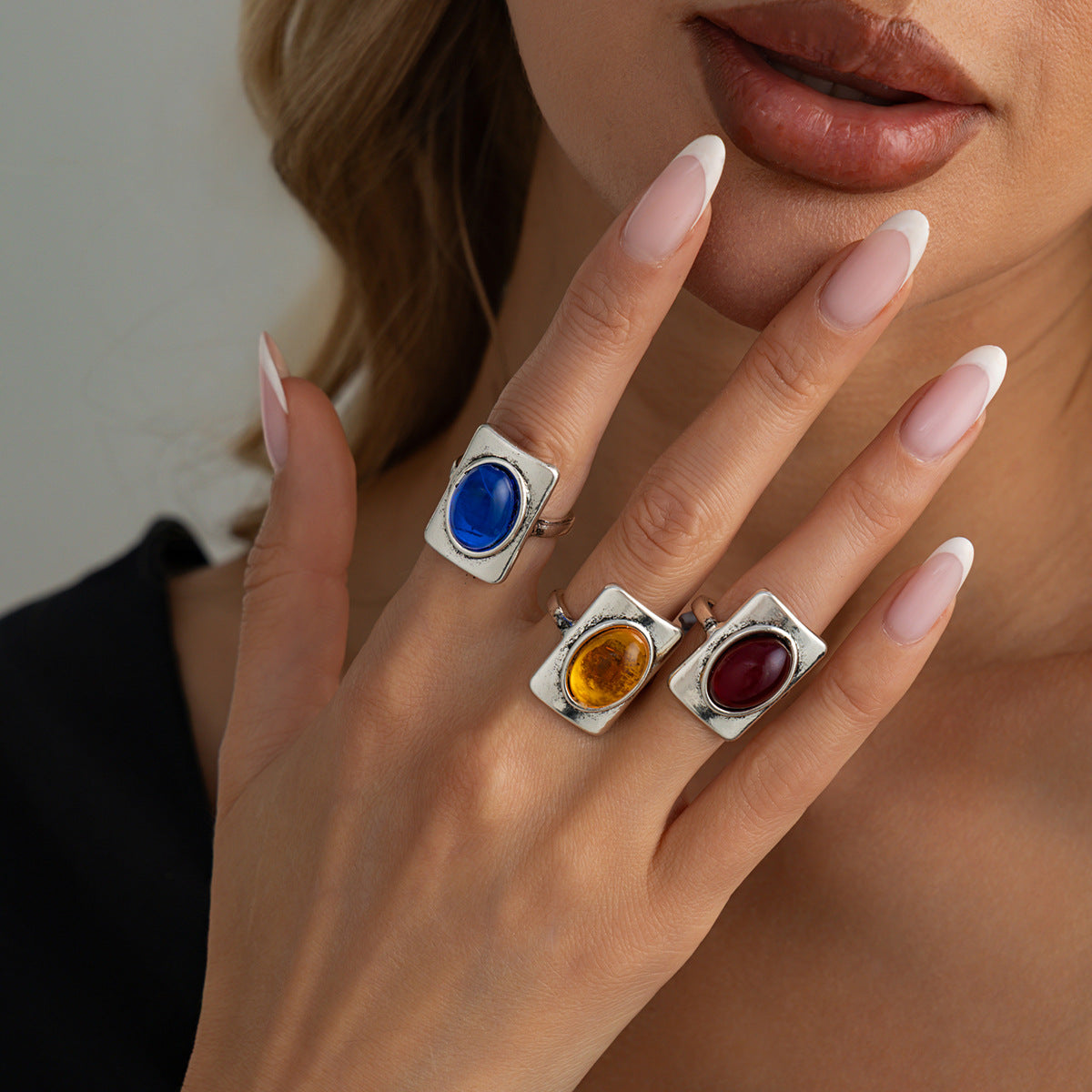 Vintage Square Oval Gemstone Zinc Alloy Plated Ring for Women