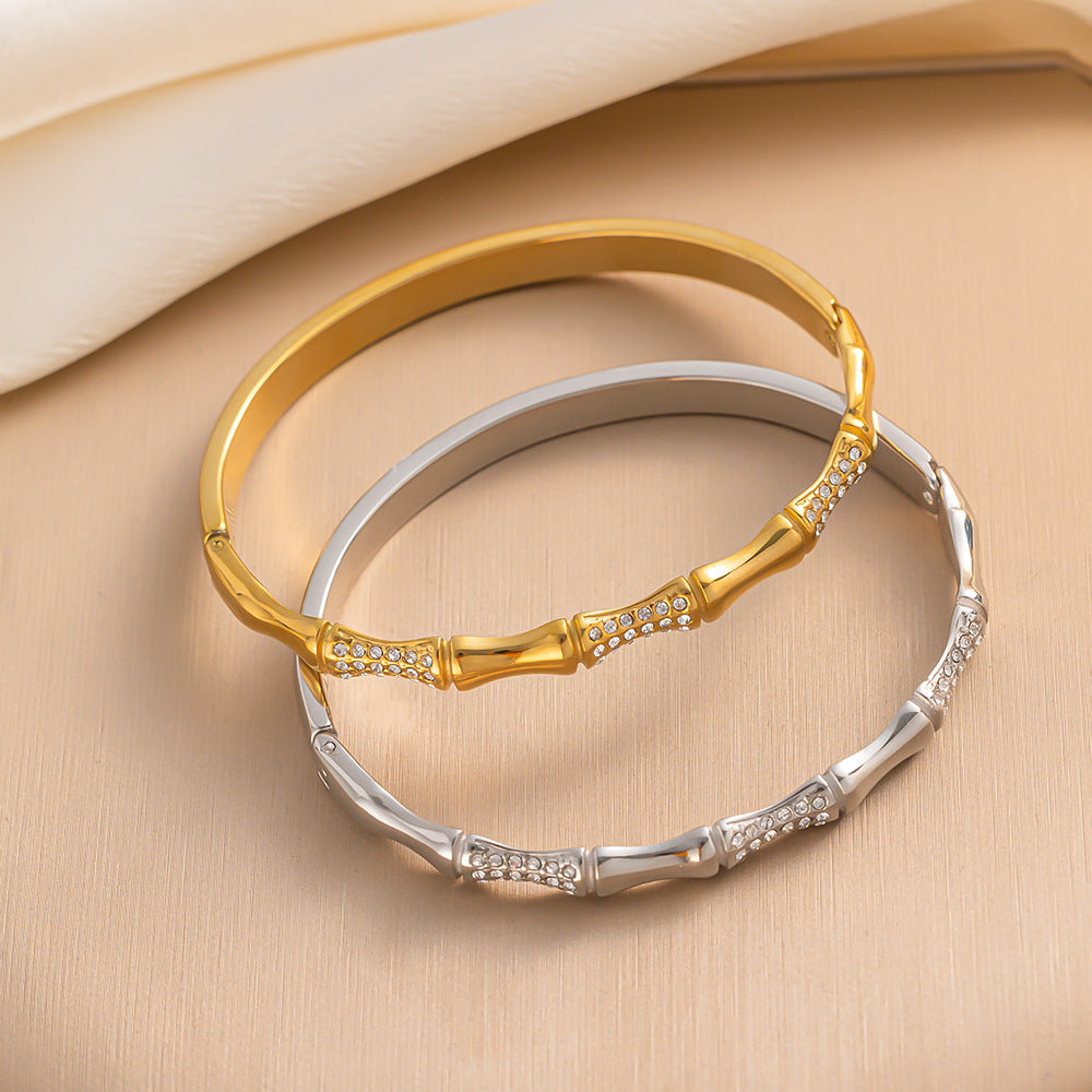 Elegante bracciale da donna in acciaio inossidabile a forma di nodo di bambù con placcatura in oro e zirconi micro-incastonati