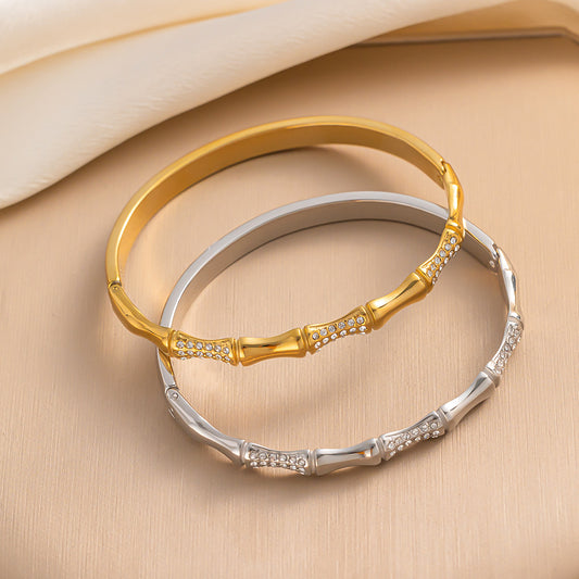 Elegante bracciale da donna in acciaio inossidabile a forma di nodo di bambù con placcatura in oro e zirconi micro-incastonati