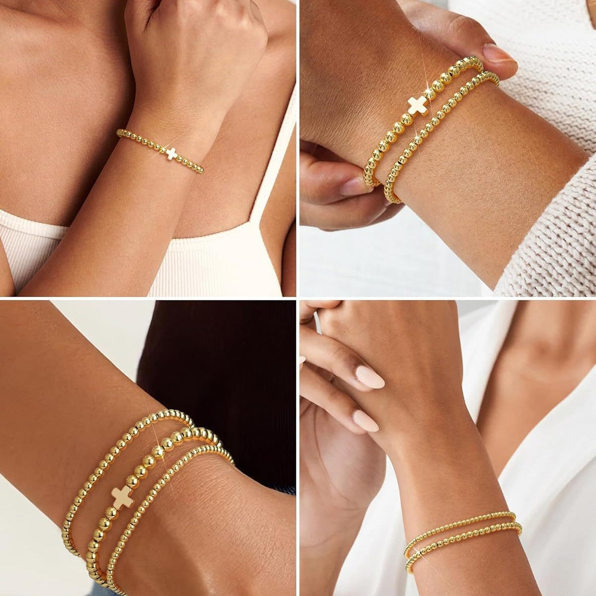 Gold Plated Hematite Cross Beaded Stretch Bracelet Set