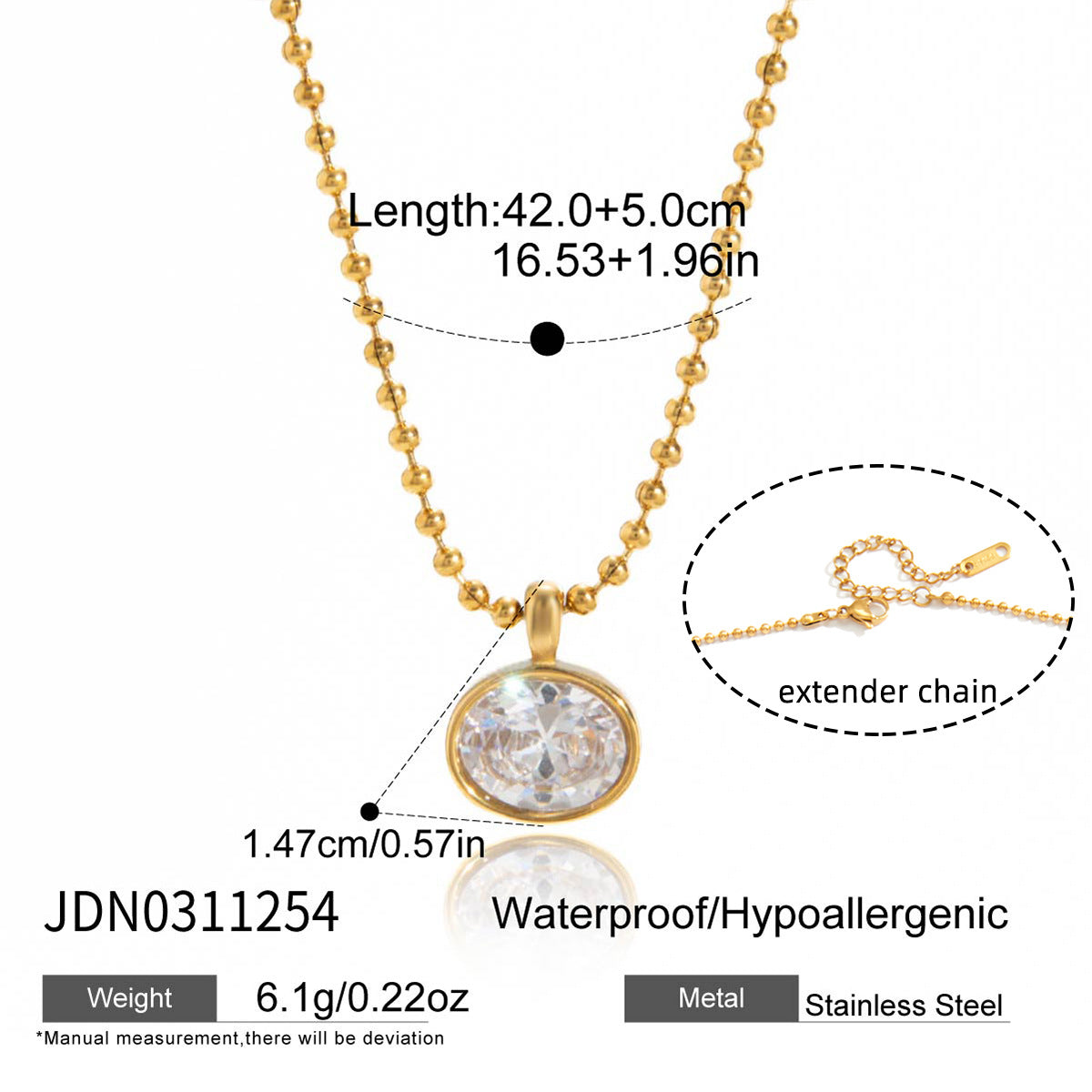Minimalist Geometric Oval Stainless Steel PVD Cubic Zirconia Necklace for Women