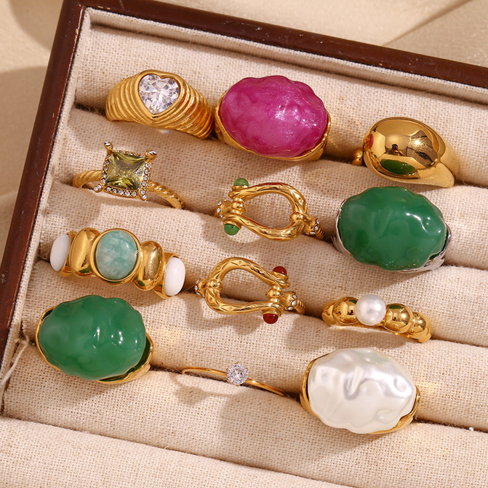 Anello geometrico vintage in acciaio inossidabile con placcatura in oro 18 carati e trama ondulata cava per donna