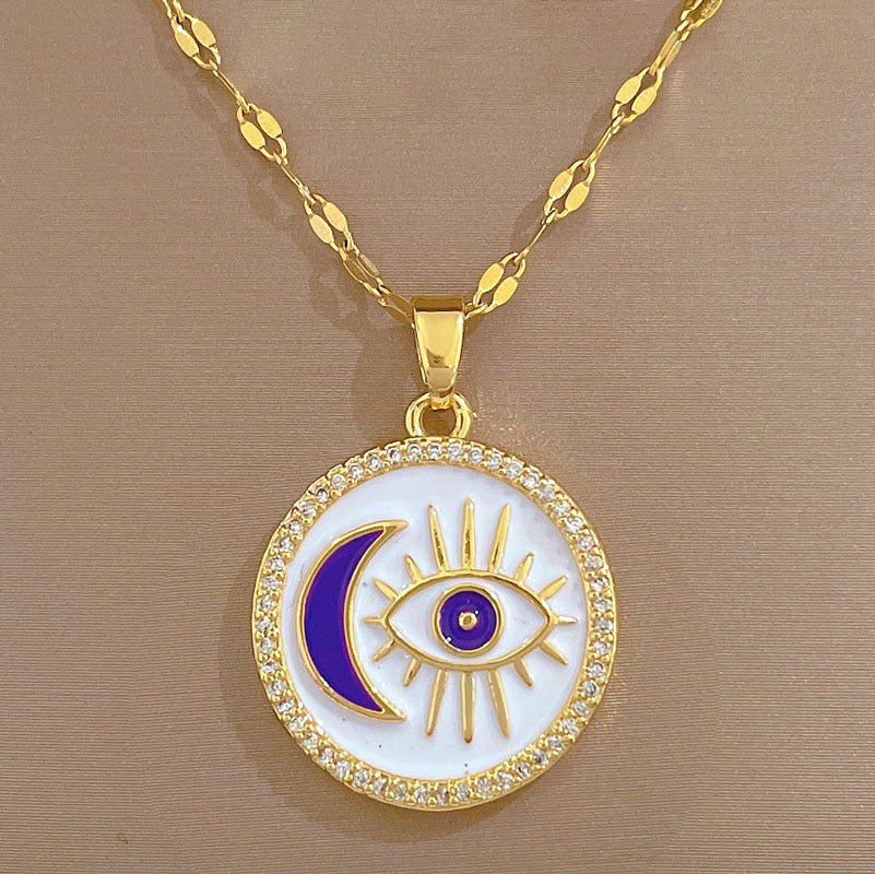 Collar minimalista de mujer con colgante de ojo redondo en acero de titanio con acabado chapado y delicada cadena de medallón