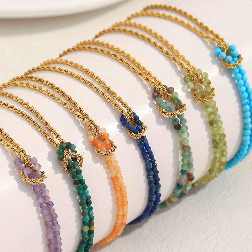 Bracciale a catena ritorta in acciaio inossidabile geometrico alla moda con placcatura in oro 18 carati e dettagli in pietra naturale da donna
