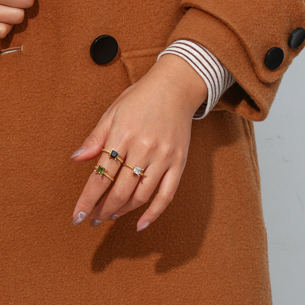 Minimalist Geometric Stainless Steel Plated 18K Gold Square Zircon Ring for Women