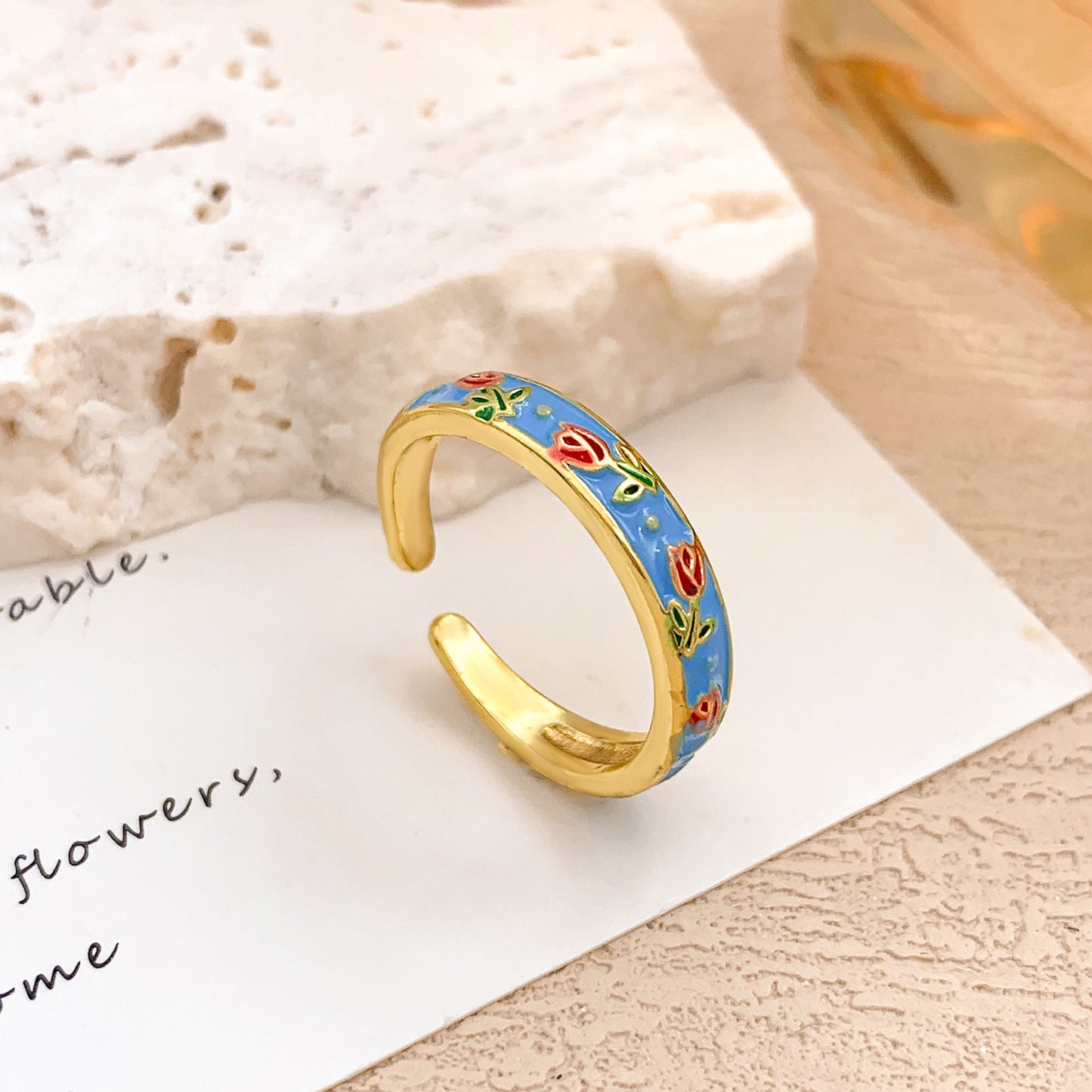 Minimalist Elegant Floral Enamel Plated Alloy Adjustable Ring for Women