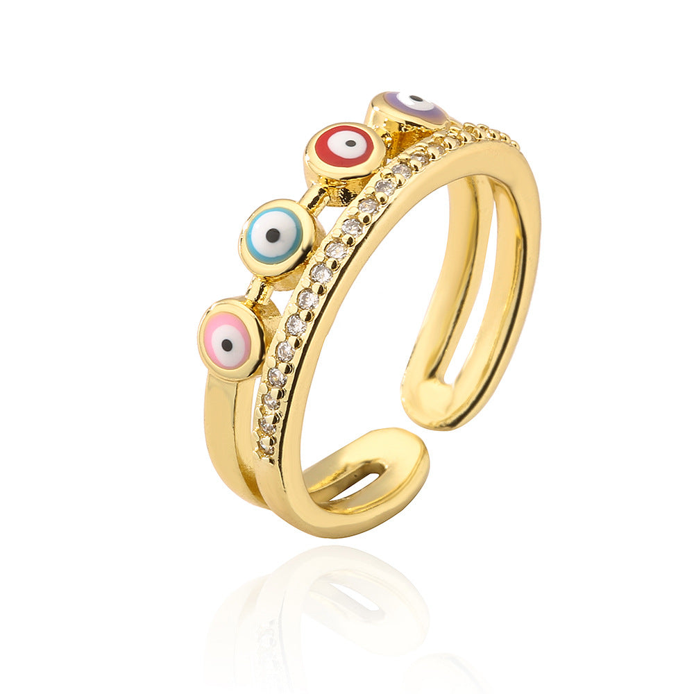 Geometric Open Eye Ring for Women with Copper Base Plated in 18K Gold and Enamel Finish Featuring Evil Eye Design