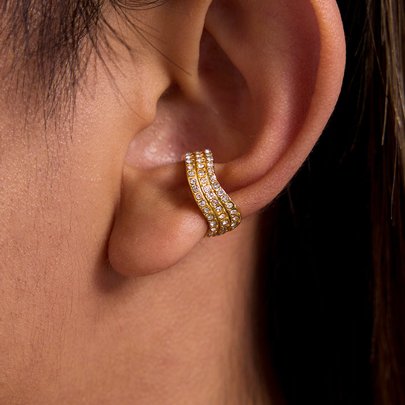 Orecchini a Clip da Donna in Acciaio Inossidabile a Onda Geometrica con Strass, Finitura Placcata, Orecchini Minimalisti di Lusso