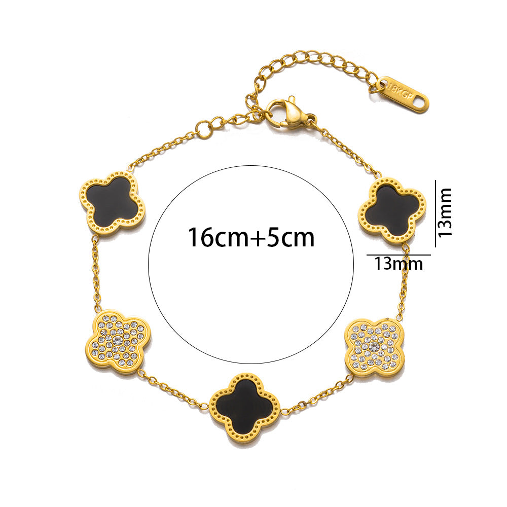 Fashion 18K Rose Gold Plated Titanium Steel Four-Leaf Clover Rhinestone Bracelet for Women