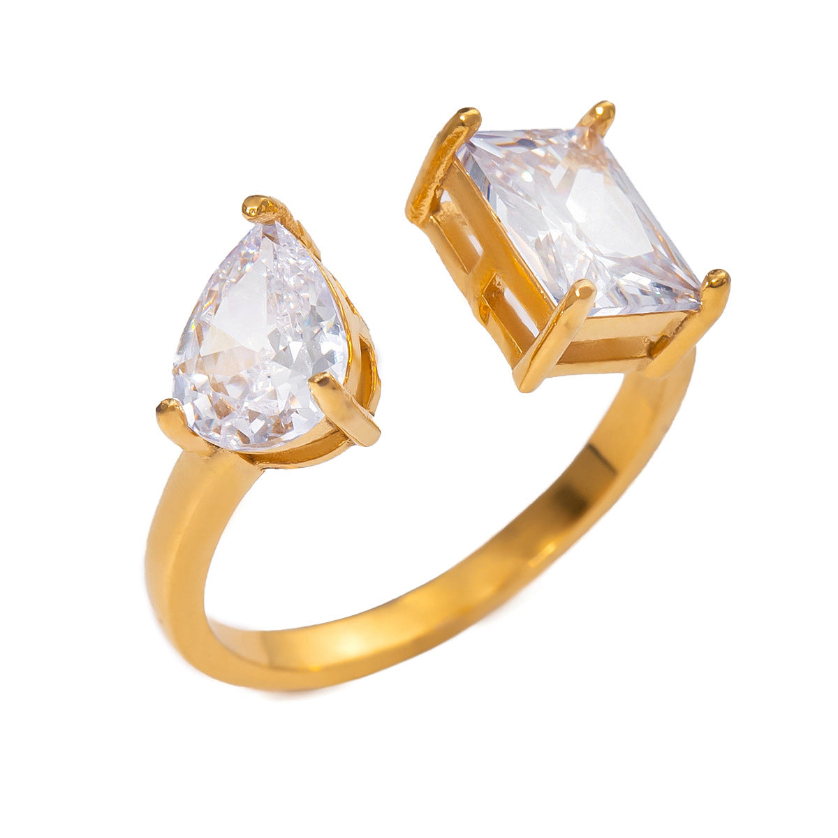 Anillo ajustable abierto de acero inoxidable geométrico vintage chapado en oro de 18 quilates con circonita para mujer