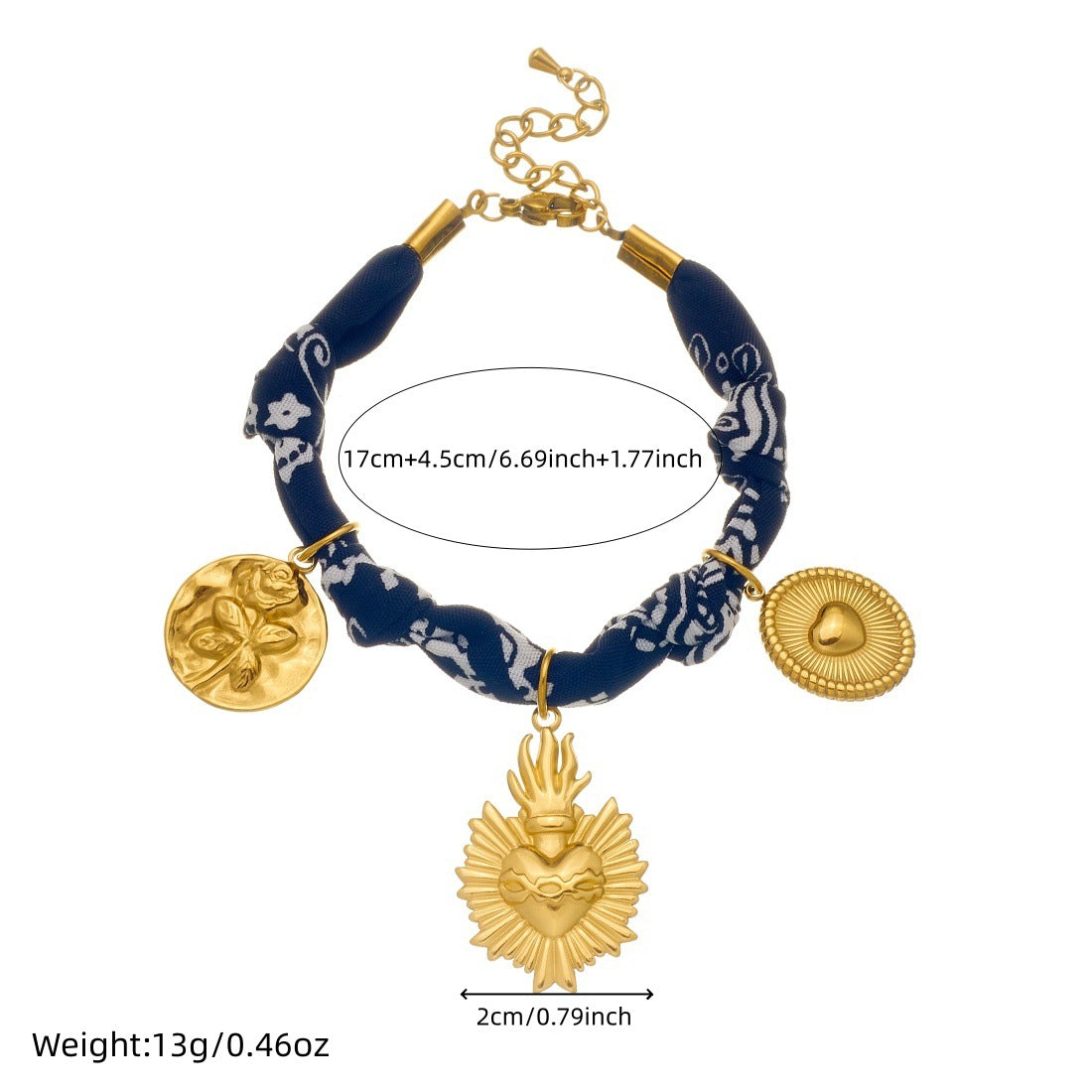 Vintage Gold Plated Stainless Steel Heart Round Oval Floral Relief Pendant Fabric Bracelet