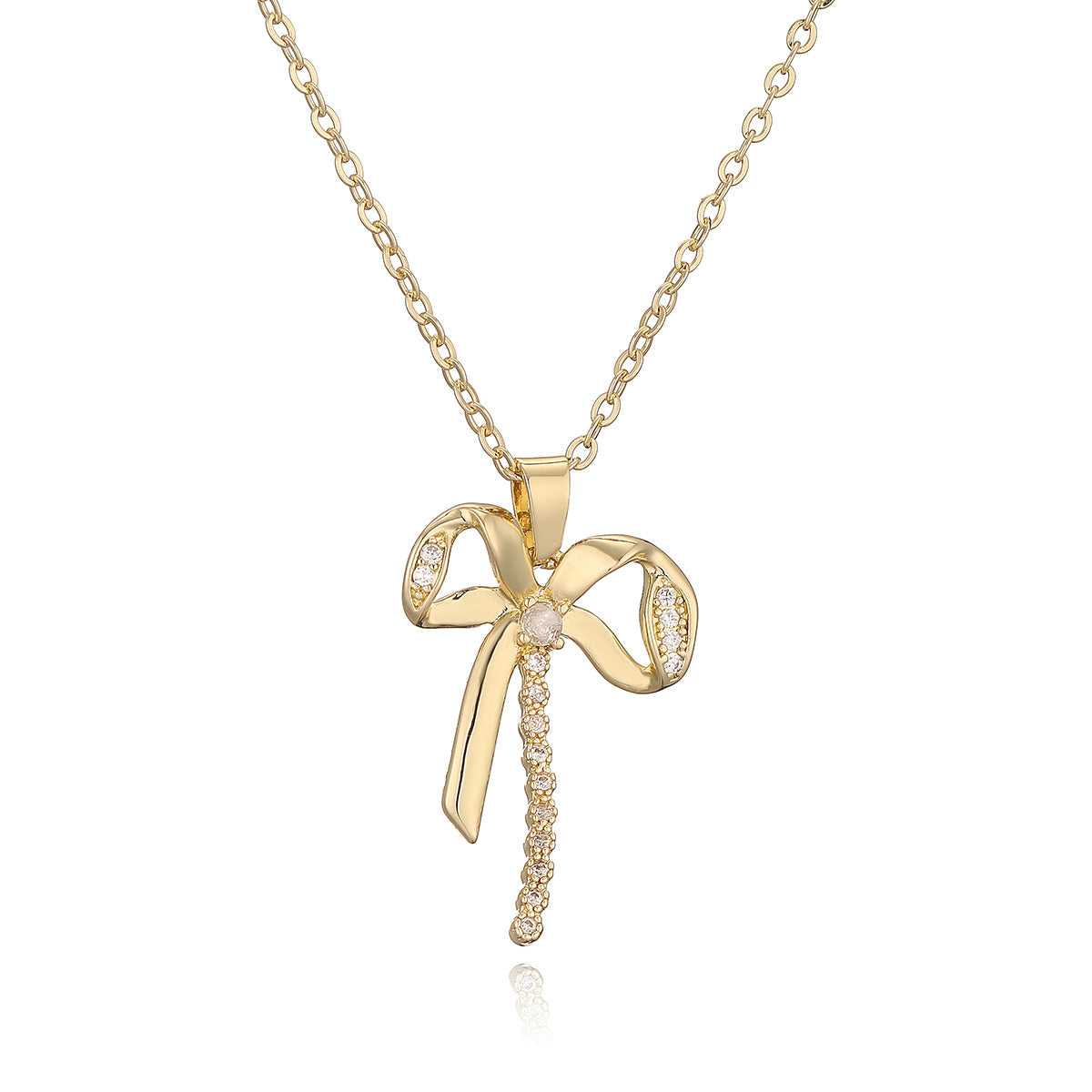 Collana con ciondolo a forma di fiocco minimalista da donna in ottone placcato oro vero e dettagli in zircone