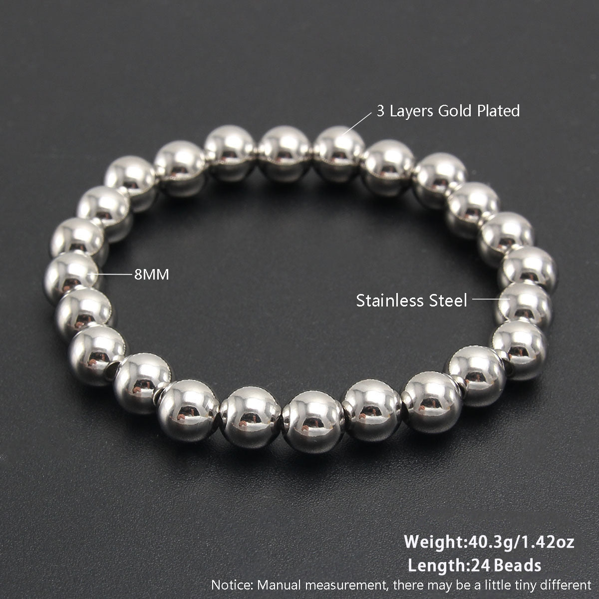 Gold Plated Stainless Steel Ball Chain Bracelet Unisex Elastic Beaded Hand String