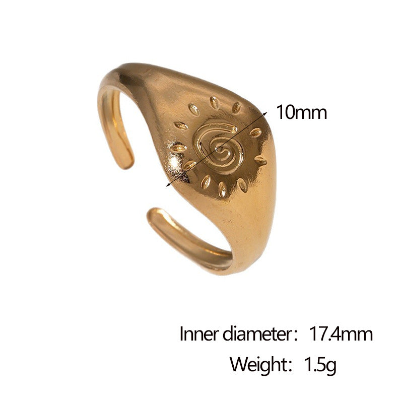 Minimalist Vintage Light Luxury 18K Gold Plated Stainless Steel Geometric Sun Symbol Open Ring for Women
