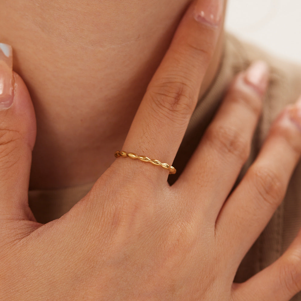 Minimalist French Style Geometric Round Polka Dot Textured Titanium Steel Ring for Women