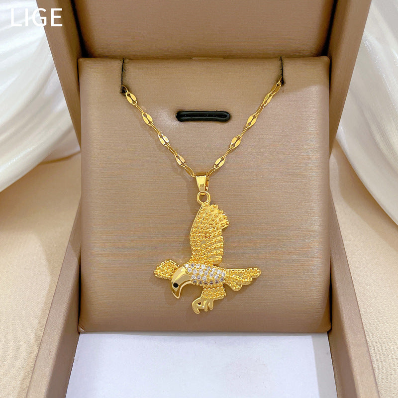 Sweet Elegant Geometric Eagle Pendant Rhinestone Plated Titanium Steel Necklace for Unisex