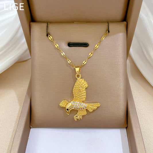 Sweet Elegant Geometric Eagle Pendant Rhinestone Plated Titanium Steel Necklace for Unisex