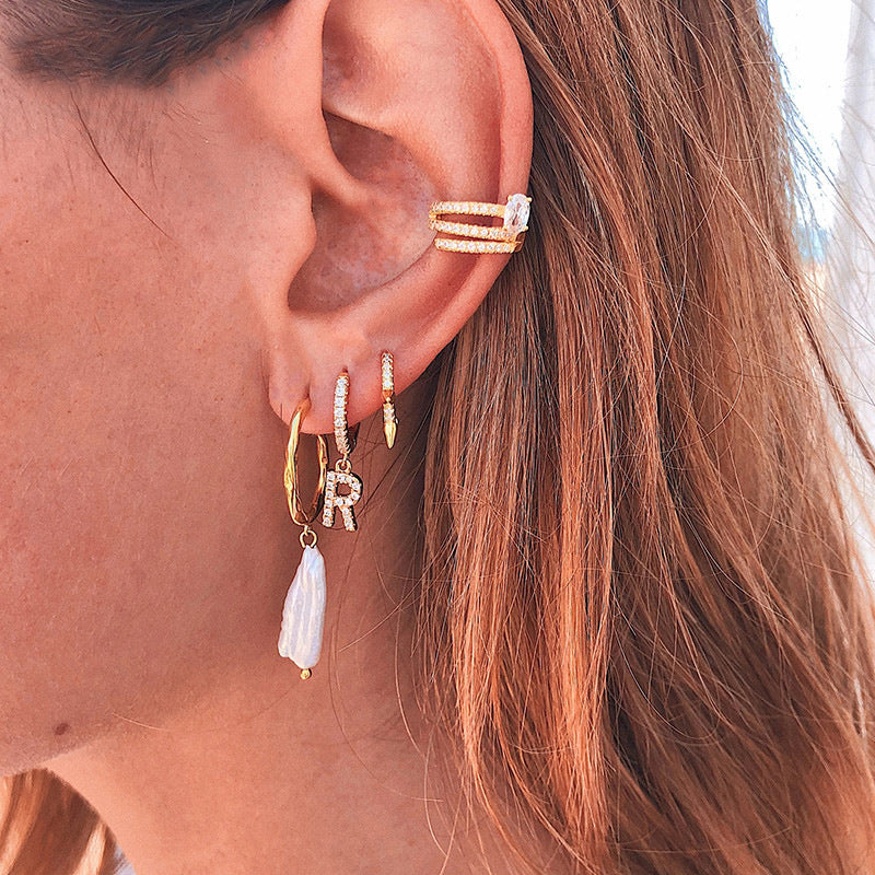 Elegant Gold Plated Letter Cubic Zirconia Inlay Brass Earrings