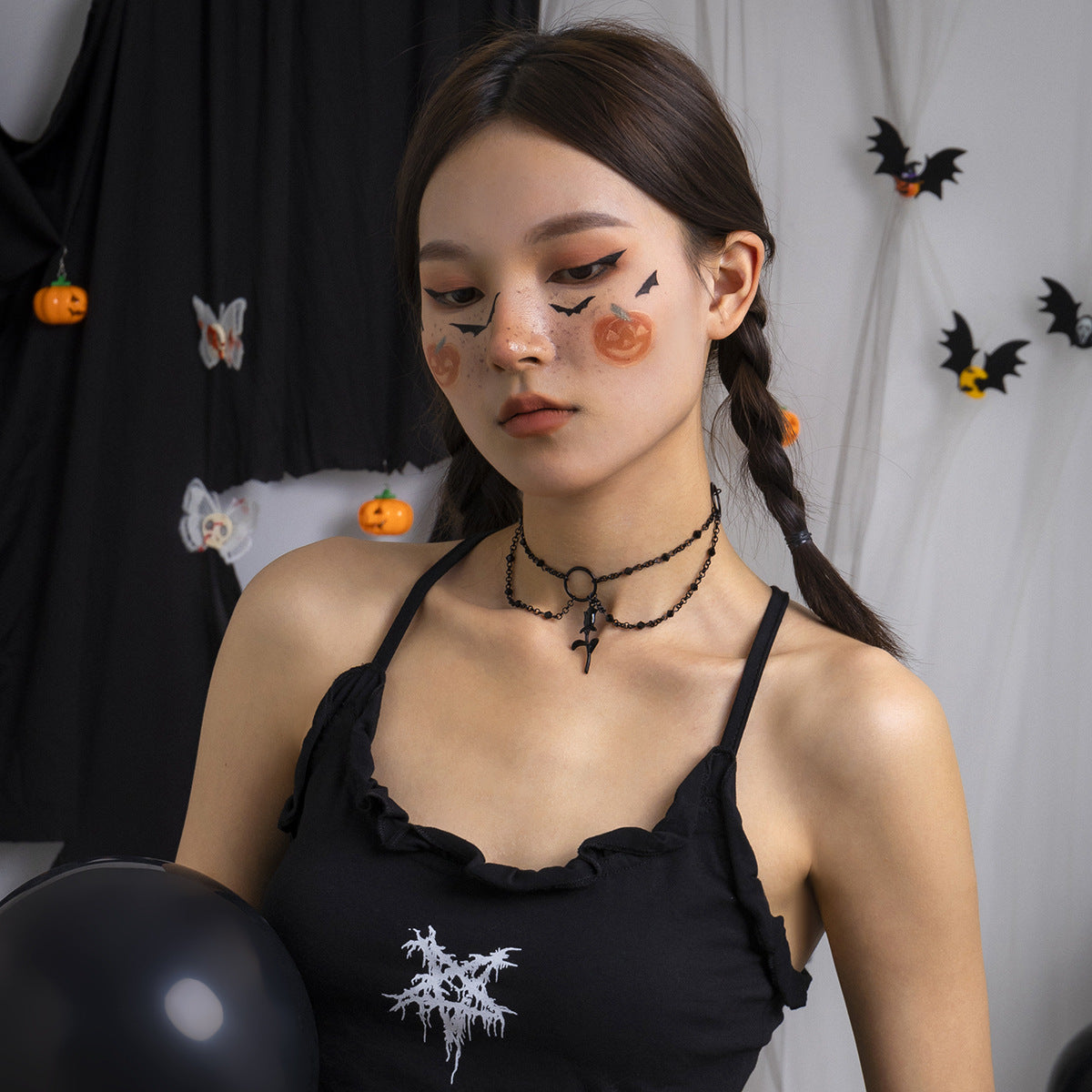 Gothic Dark Sweet and Cool Alloy Choker Necklace with Rose Pendant Geometric Shape Enamel Finish and Fringe Detail