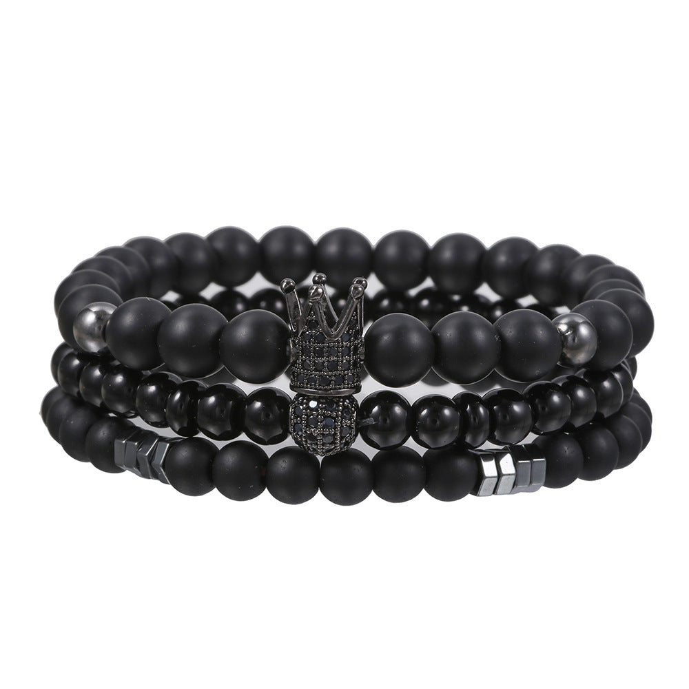 Hip-hop Matte Volcanic Stone Hematite Wood Round Beaded Bracelet Set