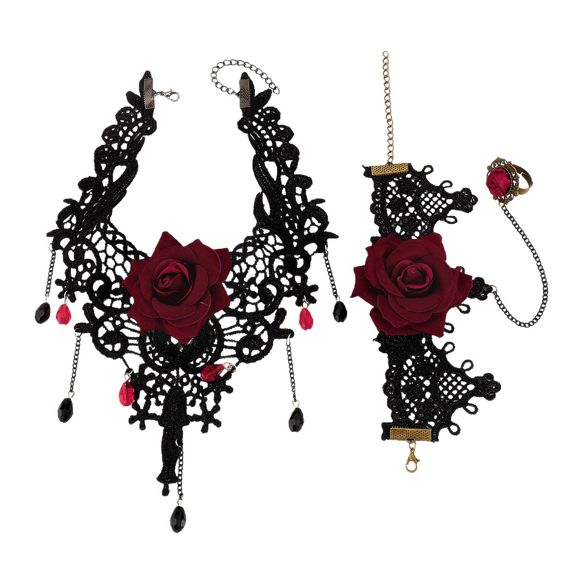 Set collana e bracciale in pizzo con rose vintage gotiche da donna con ciondolo in strass, gioielli delicati con catena per clavicola in stile dolce-audace