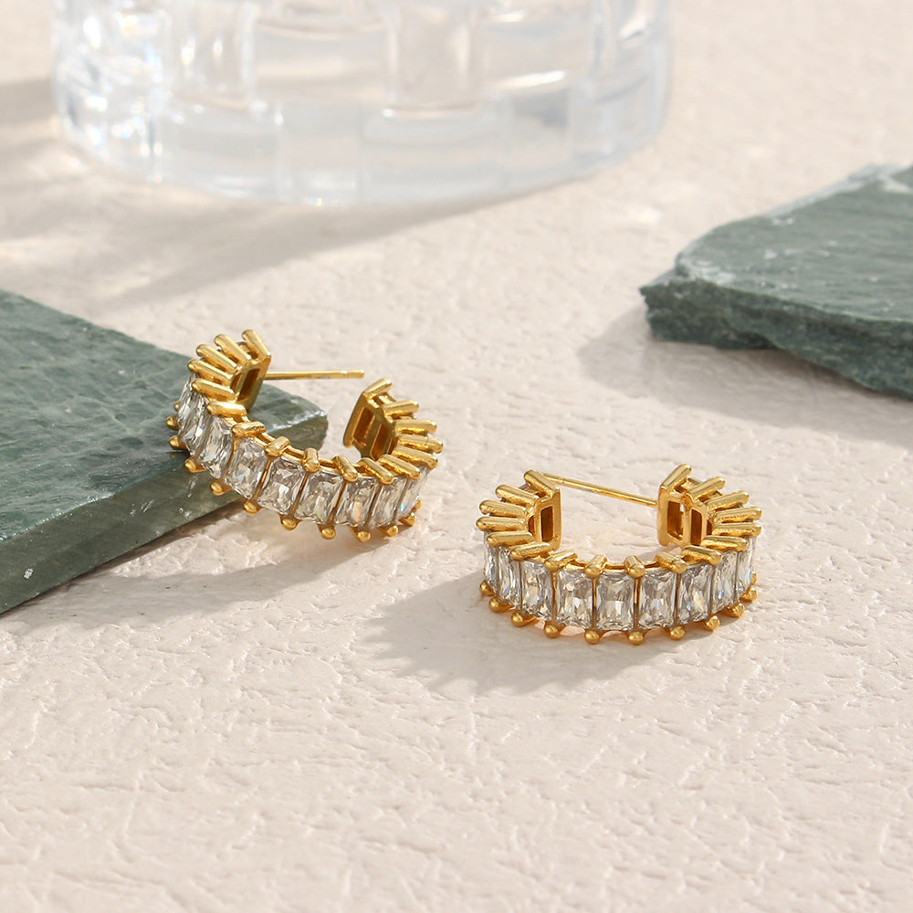 Fashion Minimalist Geometric C-Shaped Stainless Steel 18K Gold Plated Zircon Earrings for Women