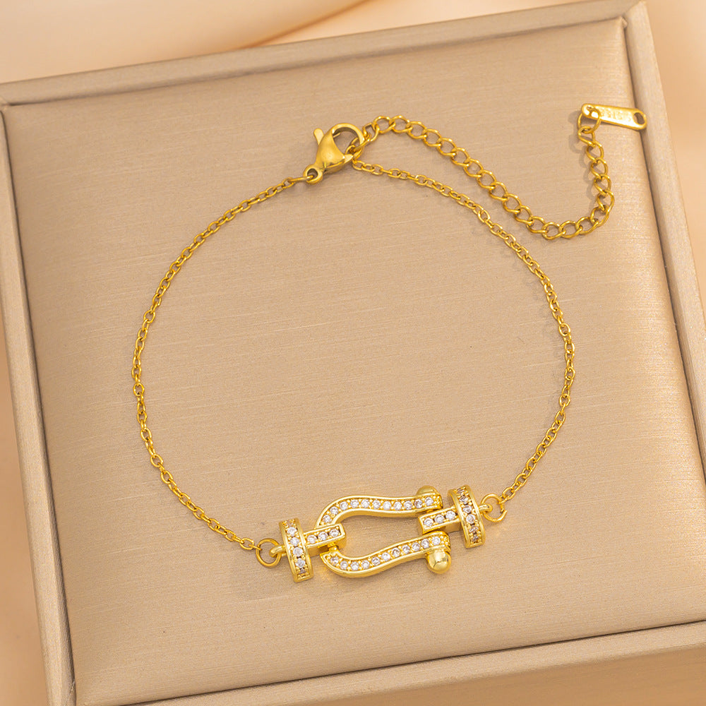 Minimalist U-Shaped Titanium Steel Plated Bracelet for Women with Micro-Pavé Rhinestone Accents and Letter Design