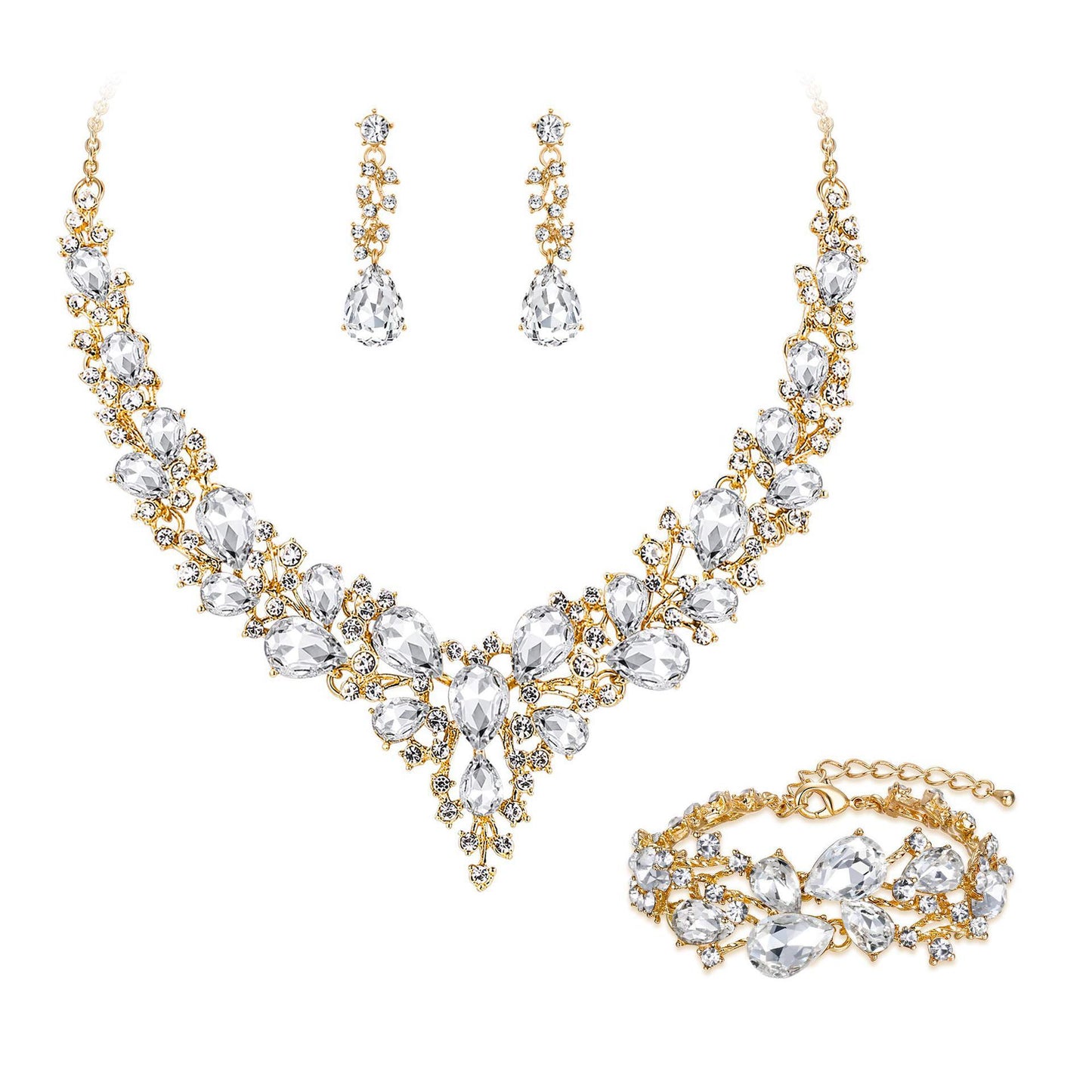 Elegant Waterdrop Floral Pattern Rhinestone Pendant Necklace Earrings Bracelet Set for Women with Alloy Base and Plated Finish