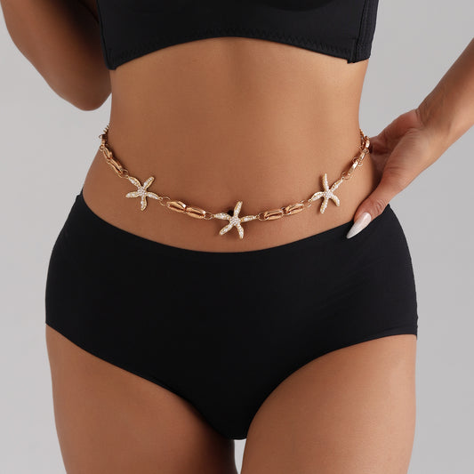 Punk Style Starfish and Seashell Pendant Single-Layer Waist Chain for Women Metallic Body Chain