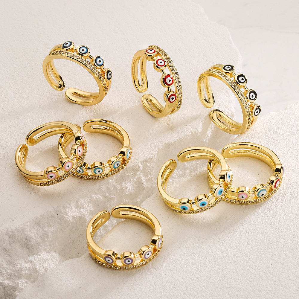 Geometric Open Eye Ring for Women with Copper Base Plated in 18K Gold and Enamel Finish Featuring Evil Eye Design