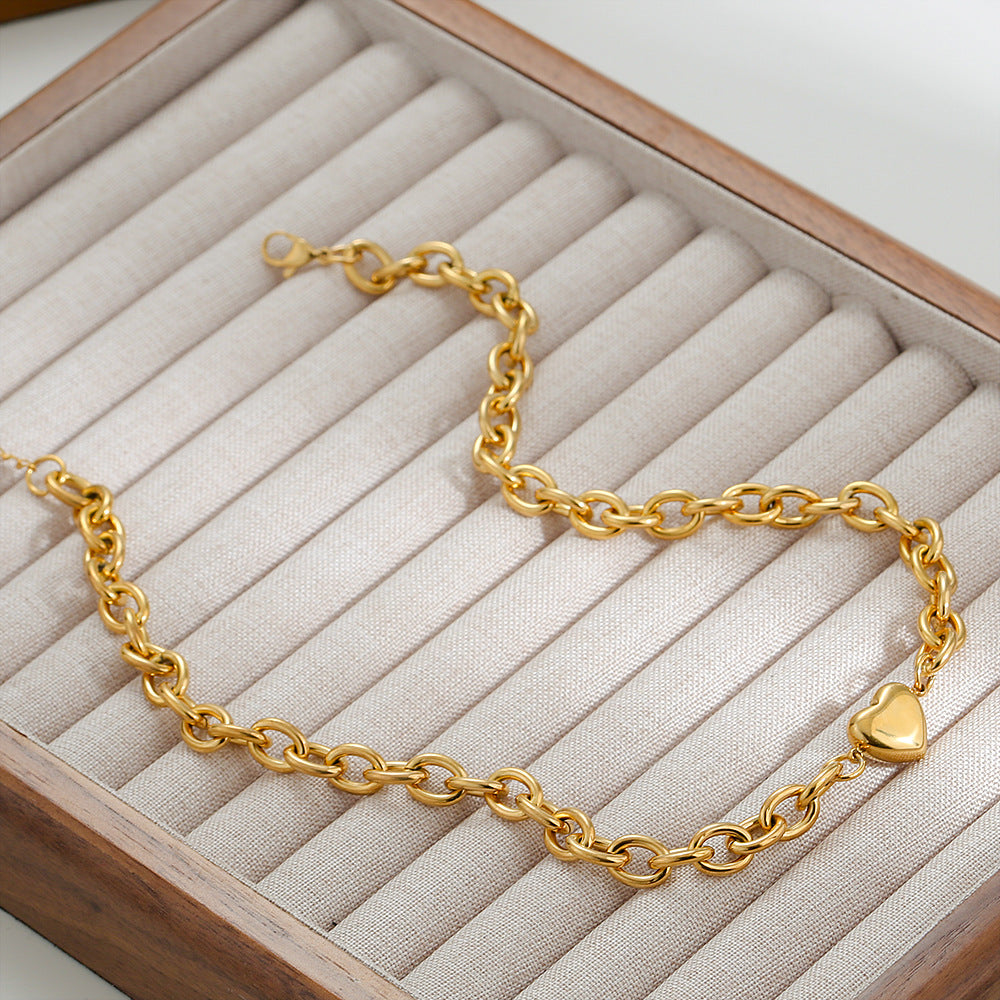Minimalist Heart-Shaped Titanium Steel Bracelet with Plated O-Link Chain for Women