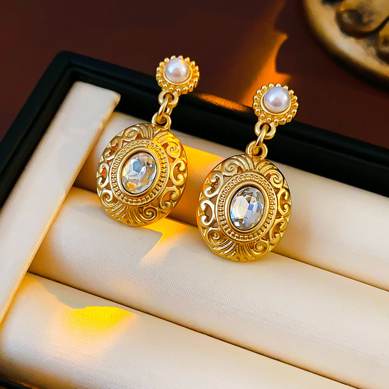 Orecchini a Perno in Perla Stile Vintage con Intarsio di Strass, Design Geometrico Rotondo e Ovale per Donne
