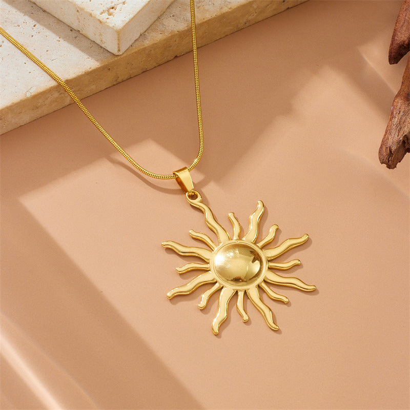 Elegant Gold Plated Stainless Steel Sun Totem Pendant Snake Chain Necklace for Women