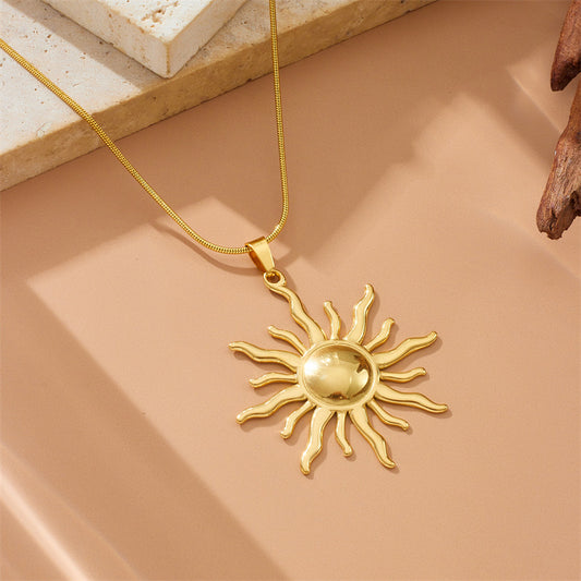 Elegant Gold Plated Stainless Steel Sun Totem Pendant Snake Chain Necklace for Women