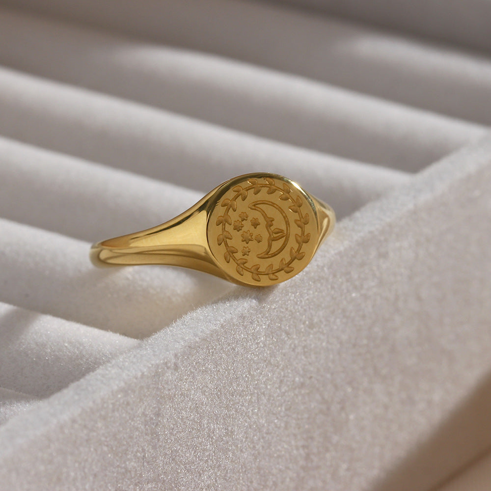Anello da donna in acciaio inossidabile placcato oro 18 carati con motivo geometrico vintage a stelle e luna