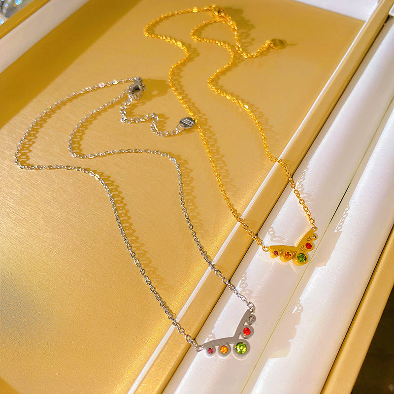 Sweet Streetwear Colorful Cubic Zirconia Crown Titanium Steel Necklace for Unisex