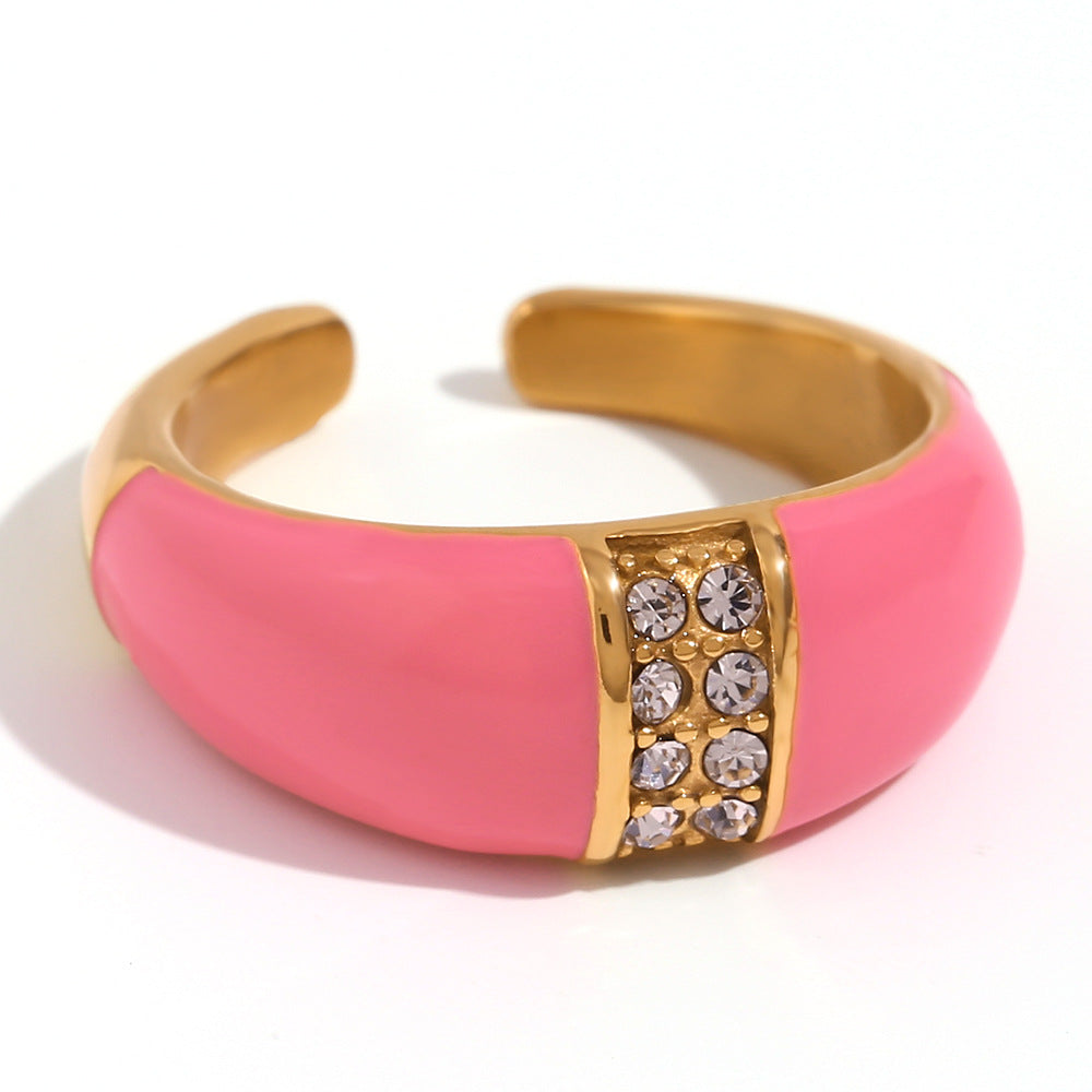 Minimalist Geometric Stainless Steel Ring with 18K Gold Plating and Enamel Finish for Women
