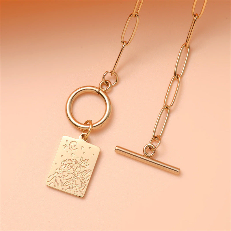 Minimalist Geometric Stainless Steel Pendant Necklace with Star and Moon Motifs, Electroplated Titanium Steel Charm, Everyday Wear Layering Chain for Women