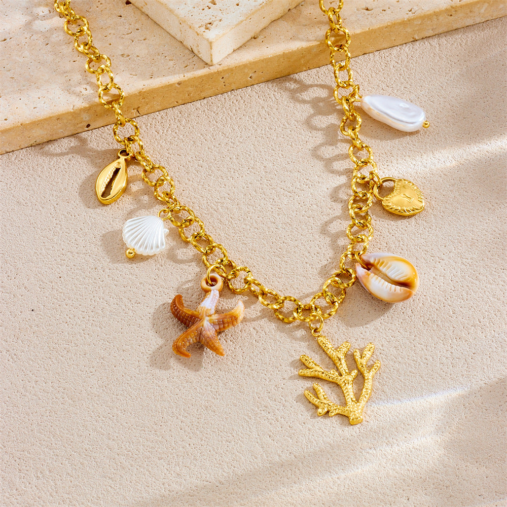 Collana con Pendente Vintage da Donna a Stella Marina e Alghe Ispirata all'Oceano, in Acciaio Inox con Finitura Placcata e Catena a O