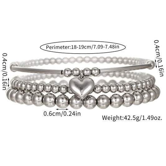 Set bracciale con ciondolo a cuore geometrico in acciaio inossidabile da donna con perline miste e design impilabile
