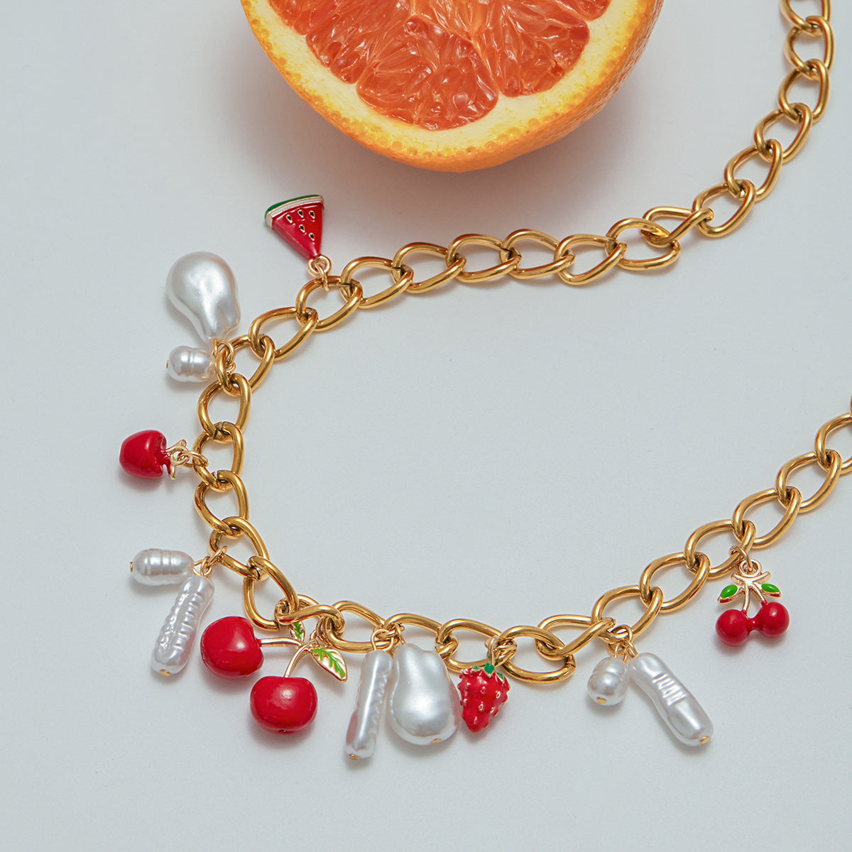 Elegant Titanium Steel Pearl Cherry Necklace Bracelet Set for Women