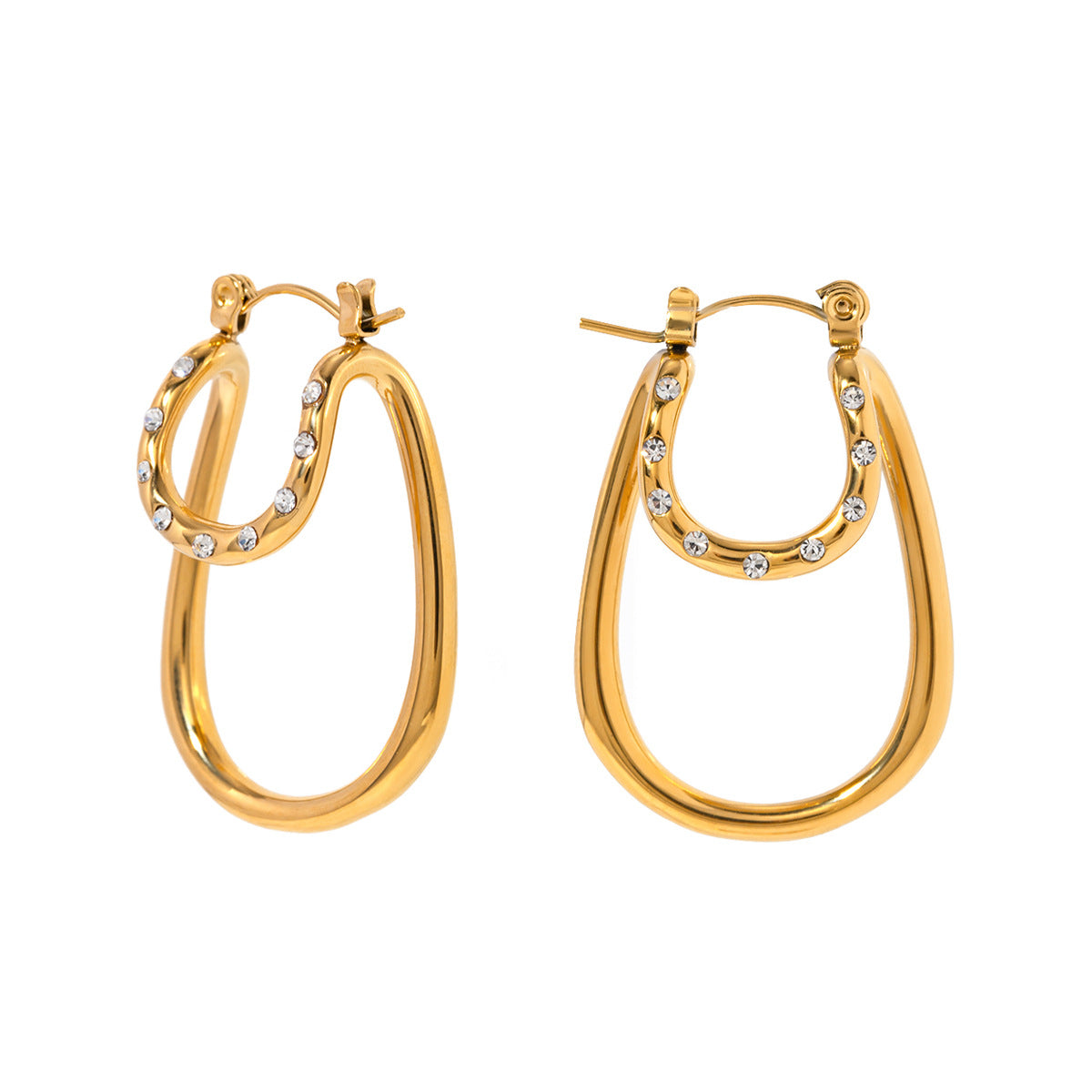 Luxury Ins Style 18K Gold Plated Stainless Steel White Rhinestone Double Layer Curved Geometric Earrings for Women
